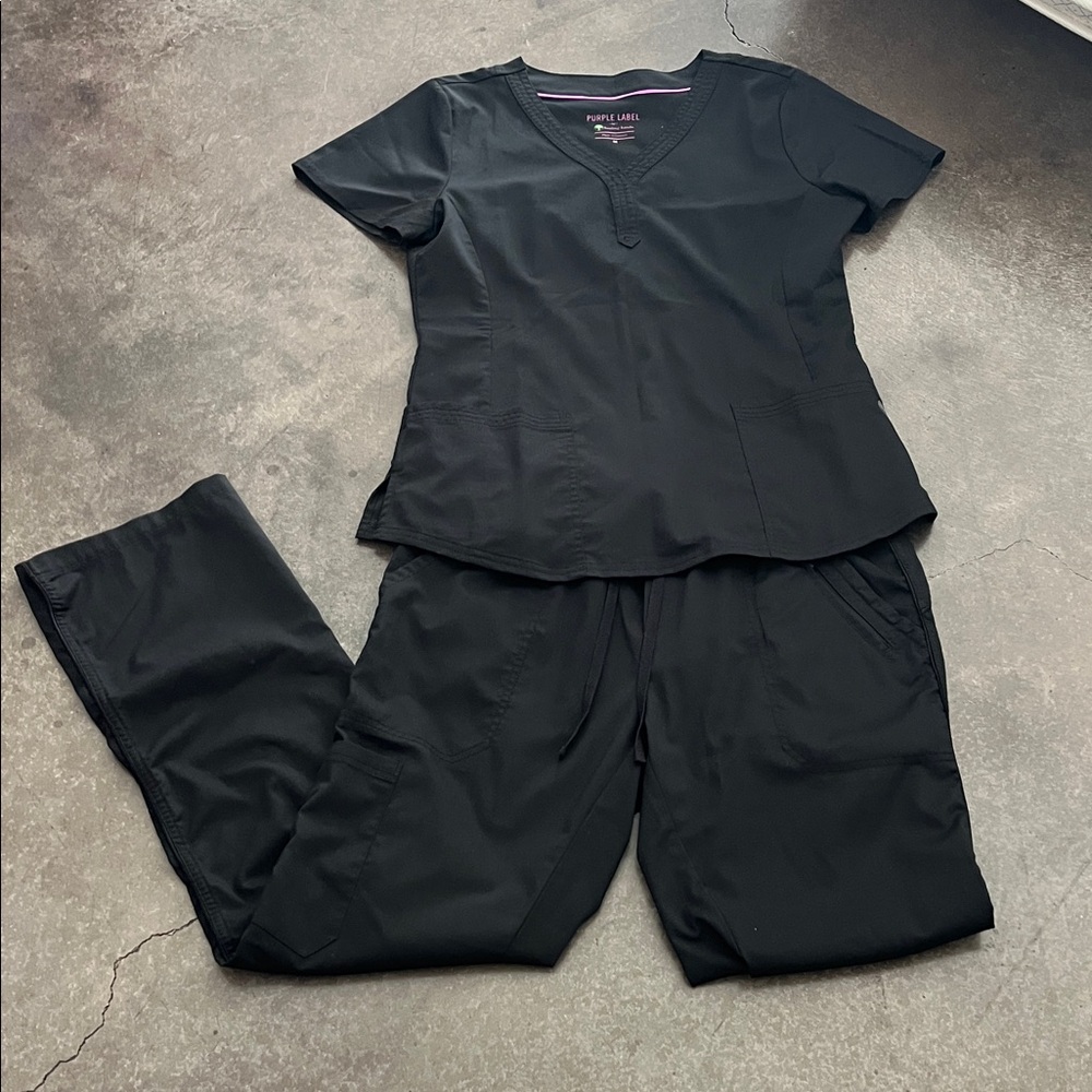 Women’s Black Scrub Top and Pants Set — Purple Label
